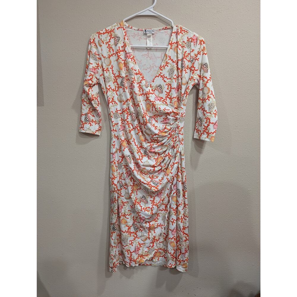White sea shell & coral print long sleeve wrap dress with side gather Mare Blu M